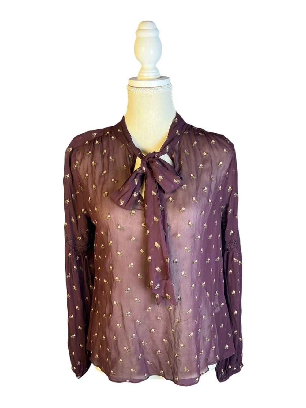 Ulla Johnson Odelia Plum Floral Embroidered Sheer Tie Neck Blouse Size 0